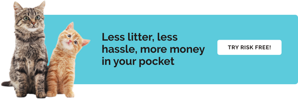 Promotional banner with two cats, highlighting benefits: Less litter, less hassle, more money in your pocket. Click to try risk-free.