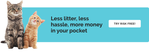 Promotional banner with two cats, highlighting benefits: Less litter, less hassle, more money in your pocket. Click to try risk-free.