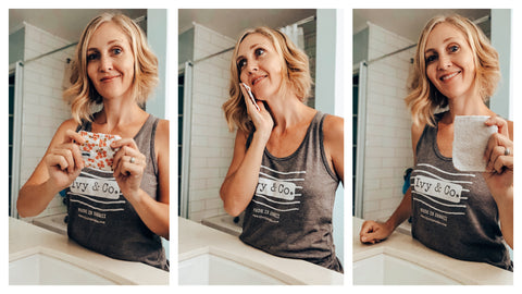 blonde woman washing face with wash cloth