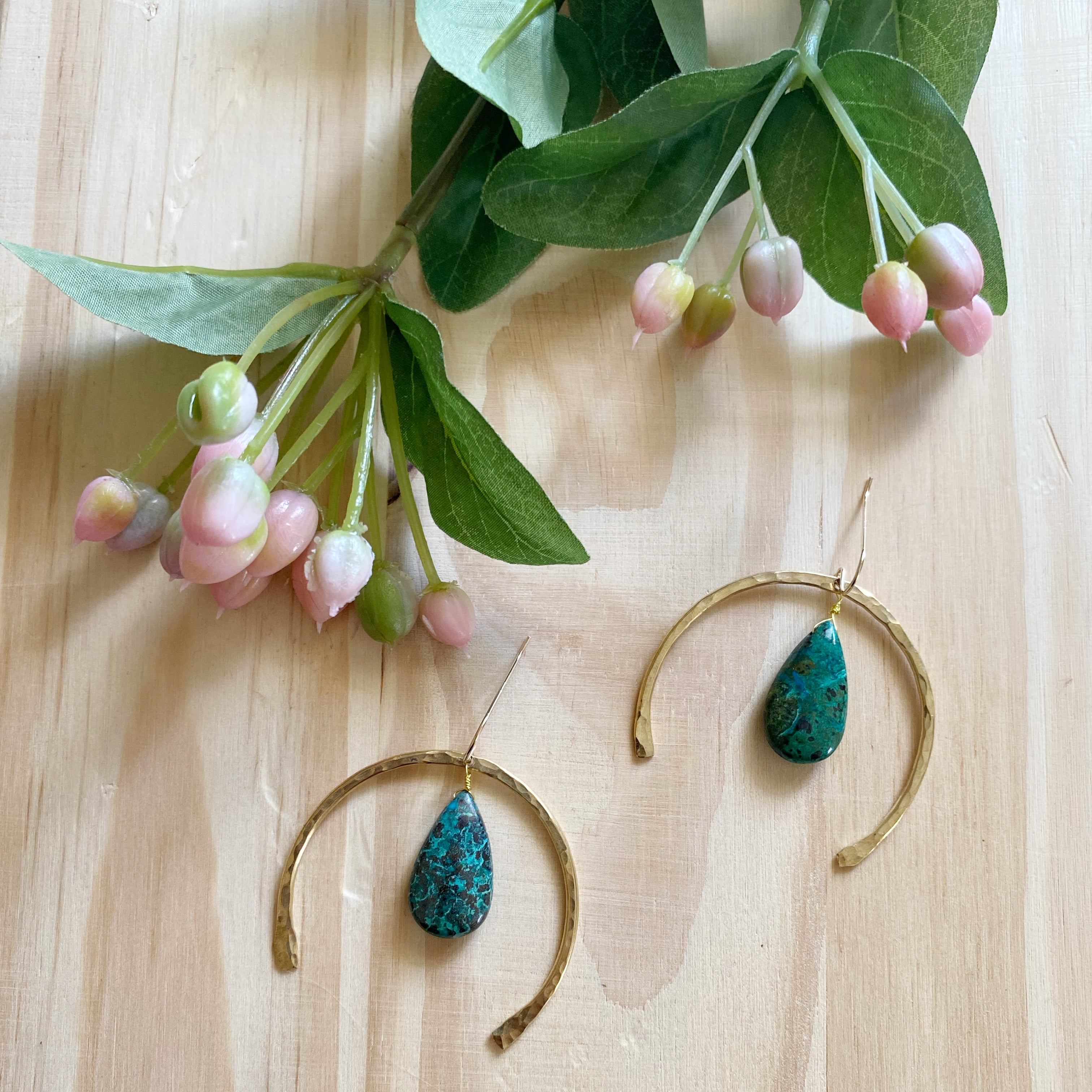 Brass Crescent and Teardrop Gemstone Earrings