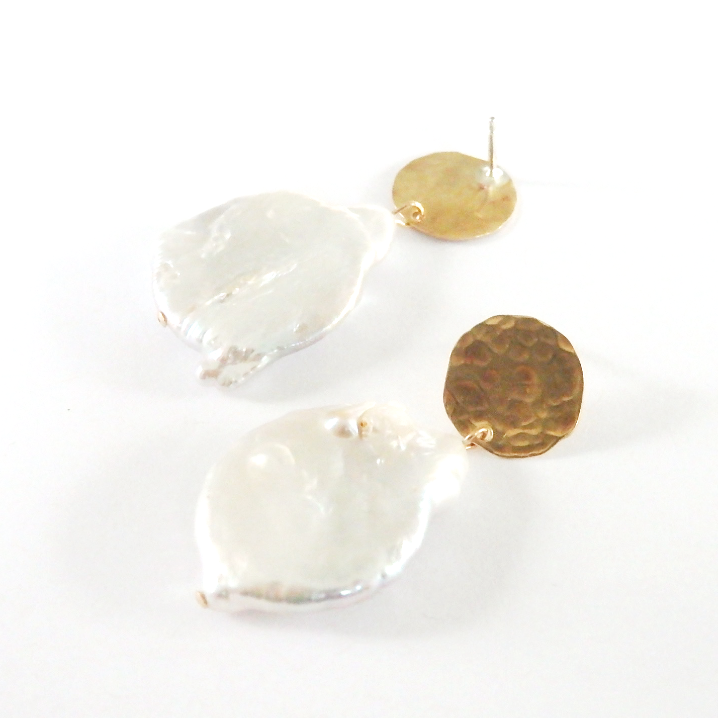 Hammered Brass Disc and Freshwater Pearl Earrings