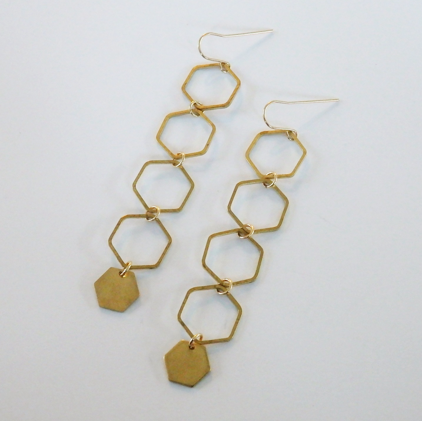 Geometric Brass Hexagon Drop Earrings
