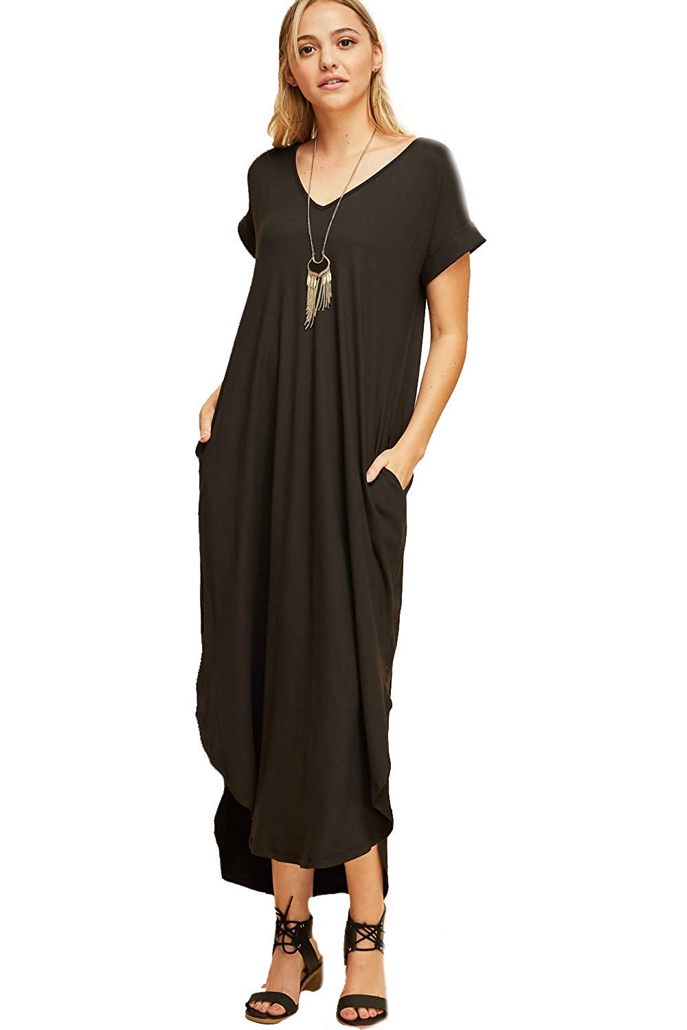 Entro Women's Short Sleeve V Neck Knit Maxi Dress with Hi Low Hem | eBay