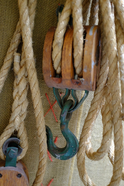 Industrial wood block and tackle with green hardware and rope - Antares ...