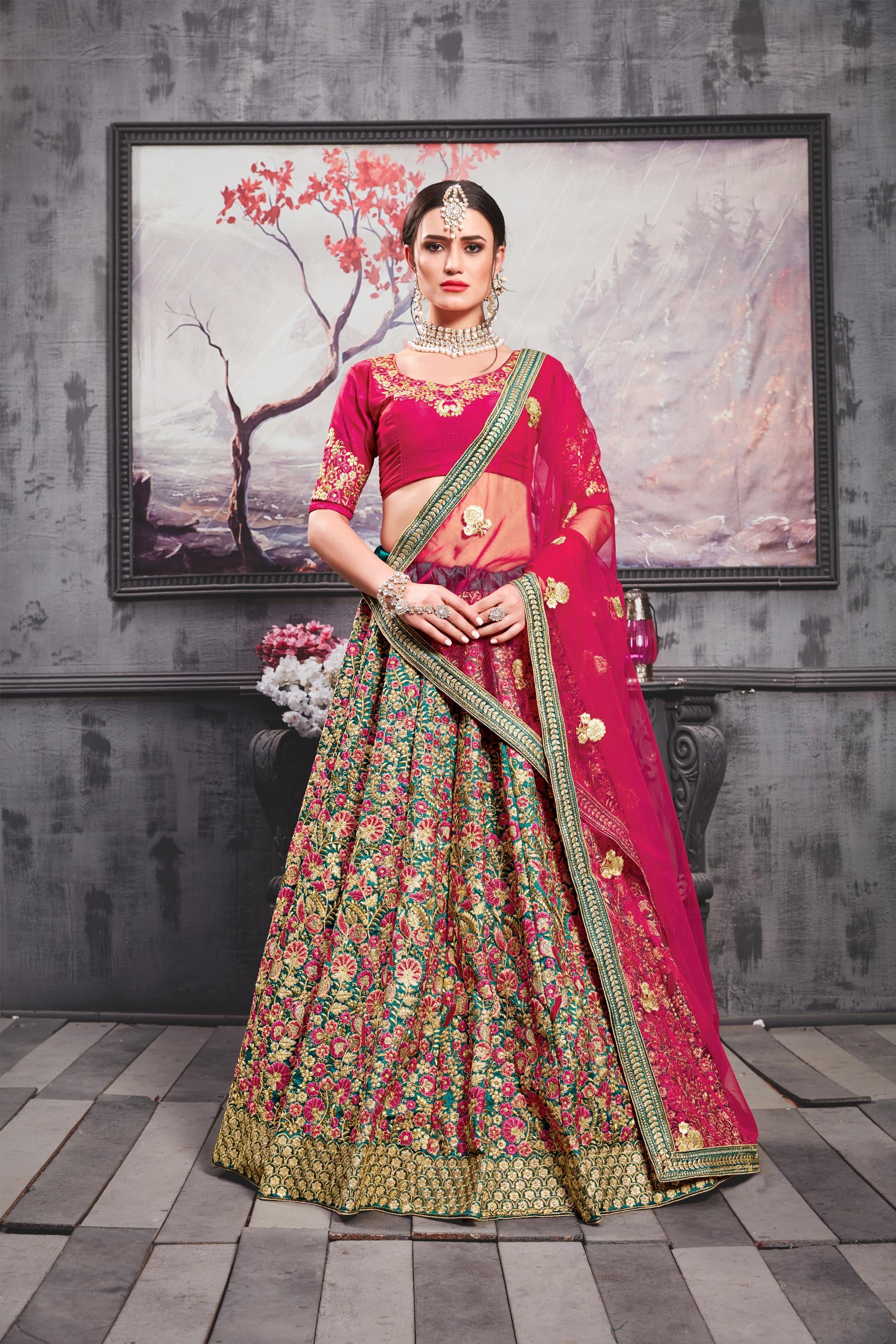 Beautifully designed Red Colored Heavy Embroidered Lehenga Set - Rent