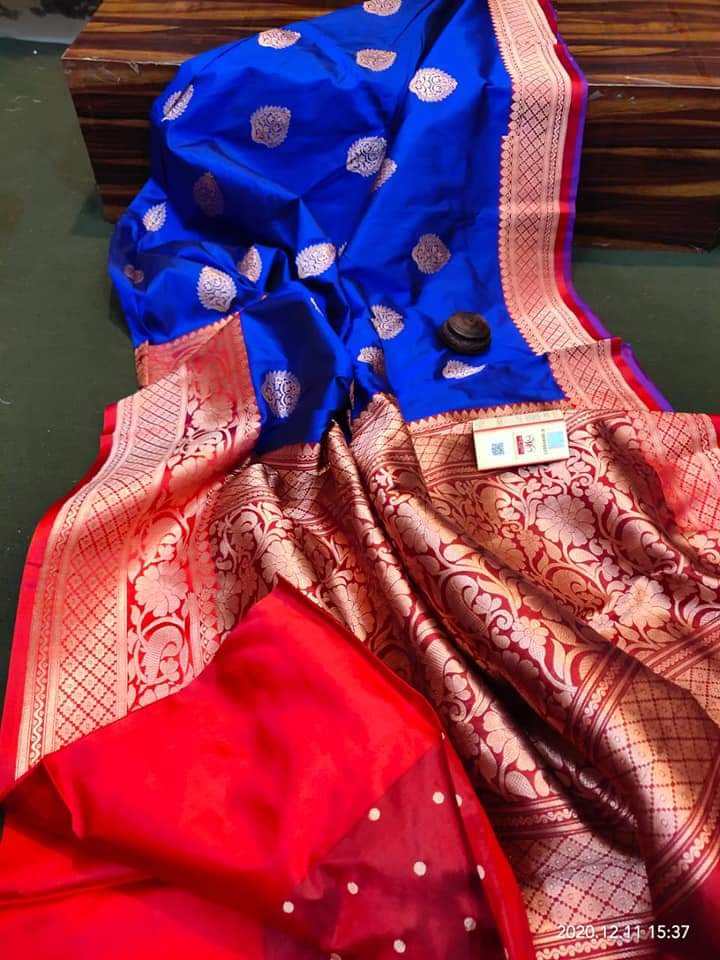 Blue & Red Banarasi Katan Silk