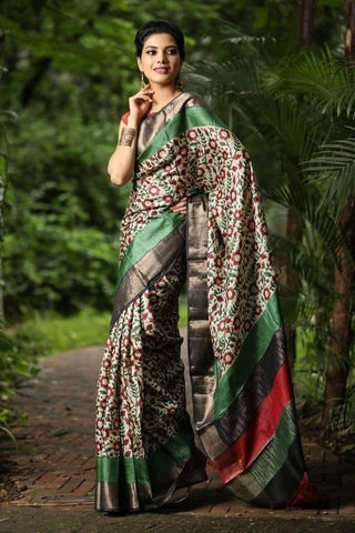 Beige Green Zari Tussar Silk Sarees