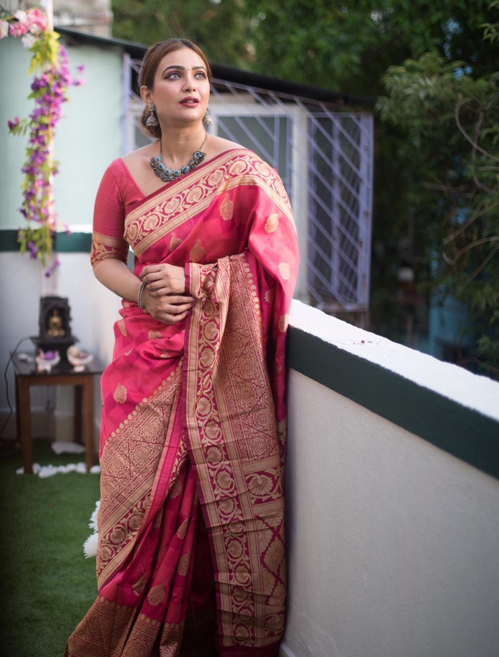 Purple Pink Handloom Weaving Banarasi Silk Sarees Get Extra 10 ...