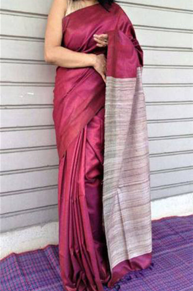 Buy Handloom tussar ghicha plain silk saree at Amazon.in