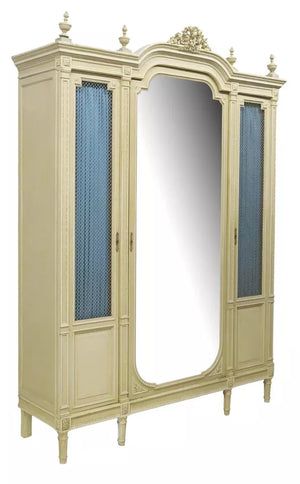 Antique Armoire, French Louis XVI Style, Painted, Mirrored, 98" H, early 1900s - Old Europe Antique Home Furnishings