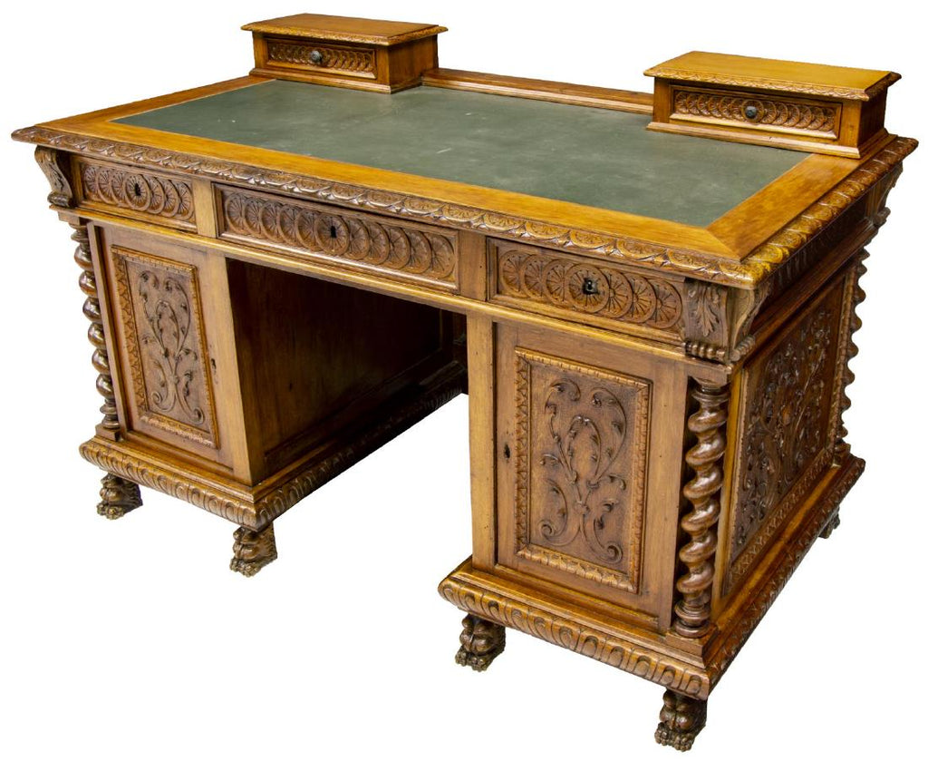 Stunning Italian Finely Carved Leather Top Writing Desk 19th