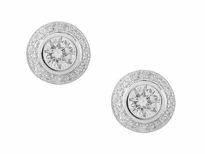 Sterling Silver Round Circular CZ Solitaire Bezel Set Halo Stud Earrin ...