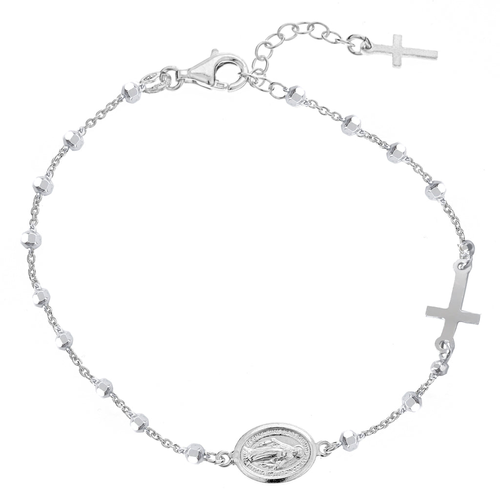 Sterling Silver Miraculous Medal Rosary Sideways Cross Bracelet 7