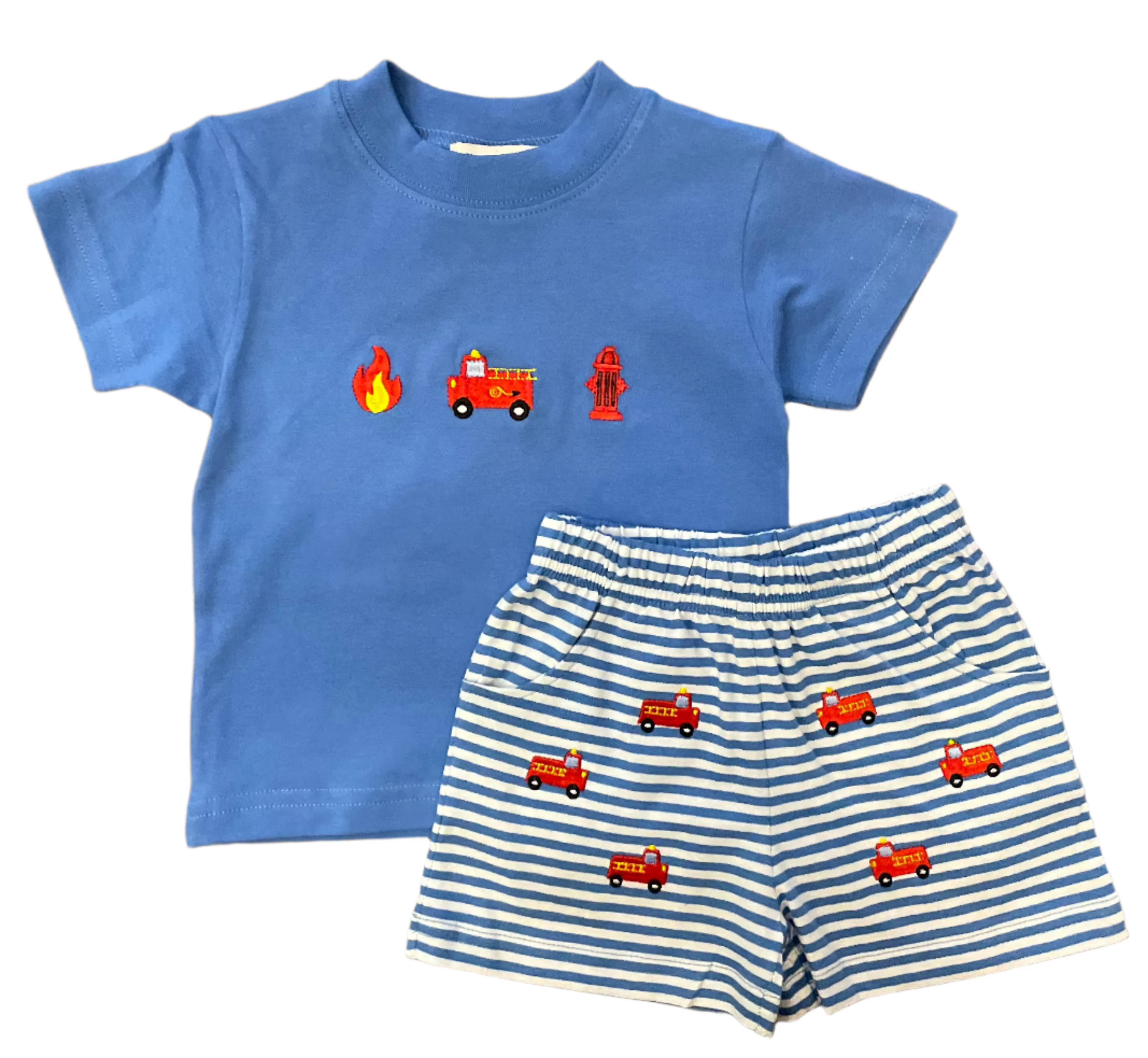 Fire Truck Embroidered Short Set