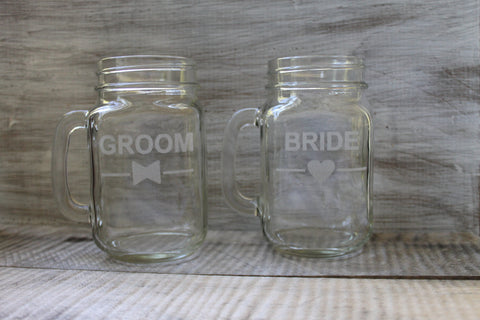 Set of 2-Engraved Bride and Groom Glass Mason Jars-Engraved 12 ounce
