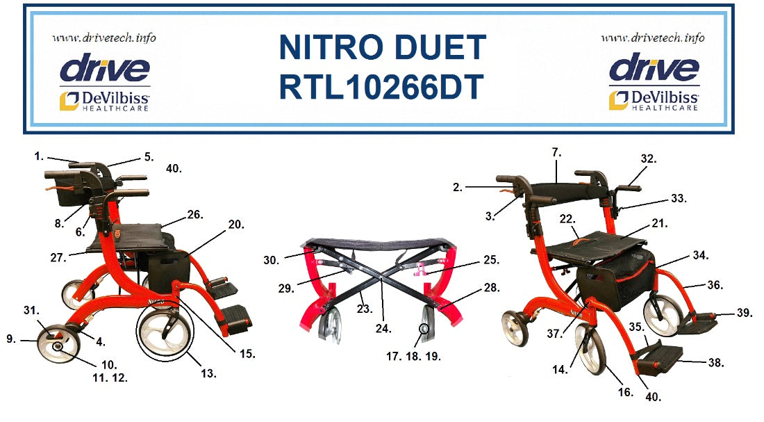 Drive Replacement Parts for RTL10266DT - Drive Nitro Duet Rollator/Transport Chair