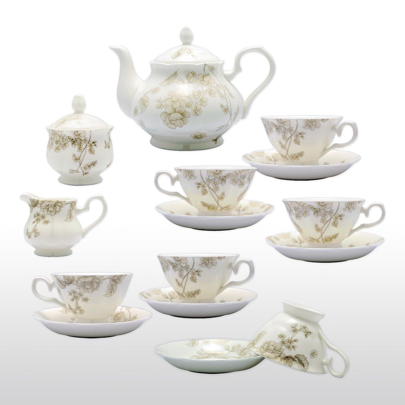 Fine Bone China - 15 Piece Coffee & Tea Set - Neutral Colors - with Te