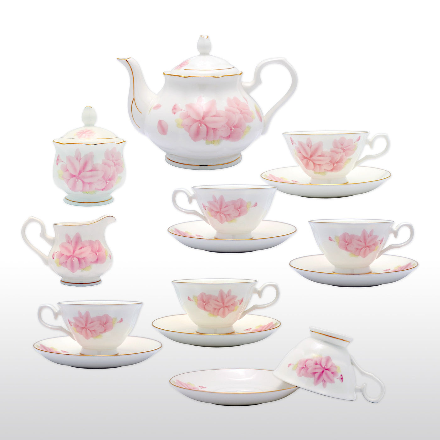 Fine Bone China 15 Piece Coffee Tea Set Pink Kapok With