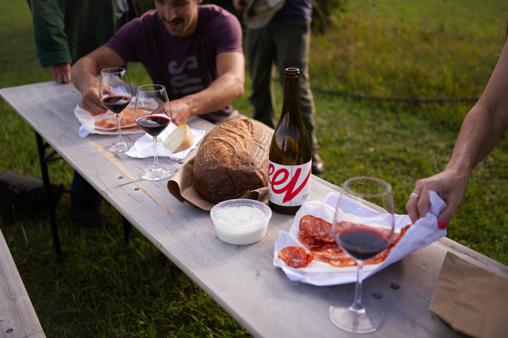A weathered wooden picnic bench fills the frame. At the end of the table, a man in a dark purple shirt picks up a piece of charcuterie from the slices arranged in crumpled white deli paper. There are three glasses of deep red wine on the table, and a bottle with a white label and swooping red E for Ellison Estate Vineyard. There's a large loaf of crusty bread, a slab of cheese, and a creamy dip as well, and we can see more people milling in the background about to join the harvest lunch.
