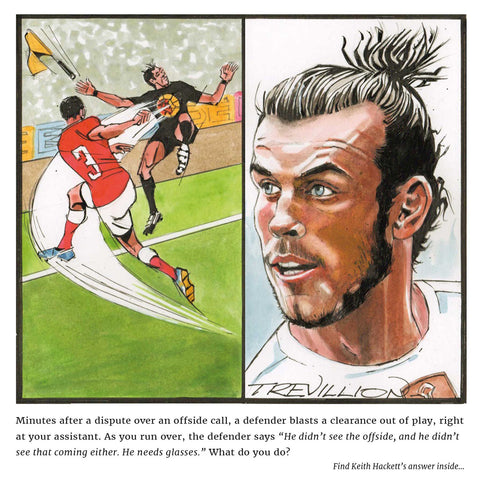 Comic art image of a scenario on the football pitch with a refereeing dilemma written underneath