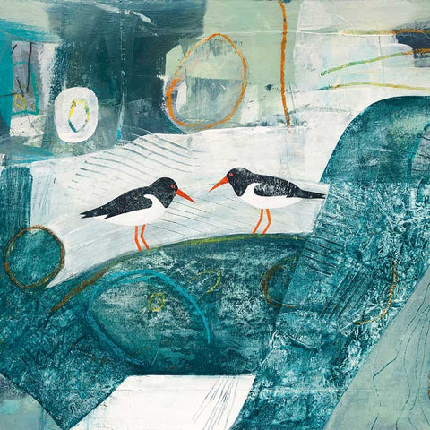 Art Greeting Card by Jane Wilson, Mixed media painting of two oystercatchers 