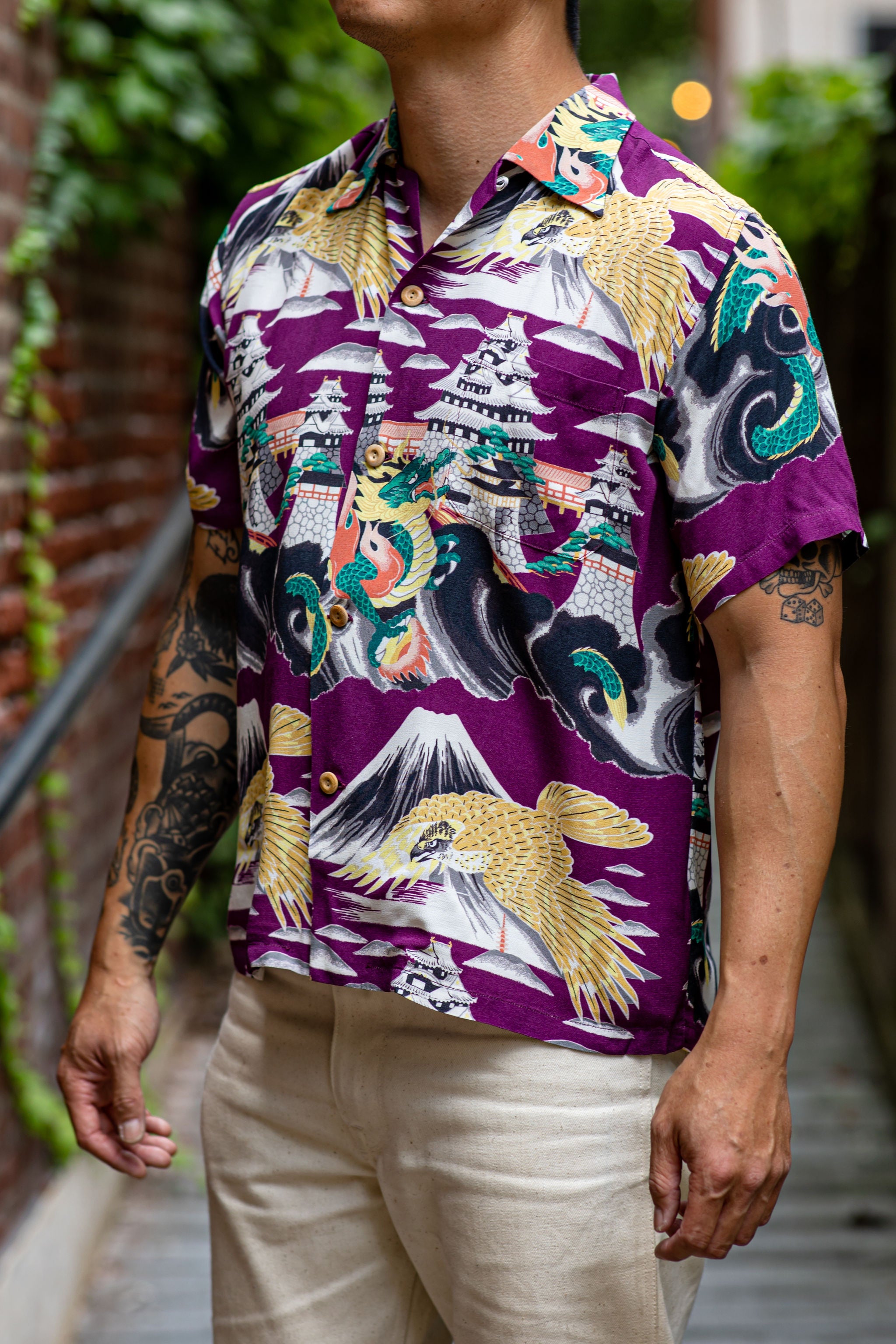 Aloha Shirt, Orange Flying Fish in a Sea of Purple - ShopperBoard