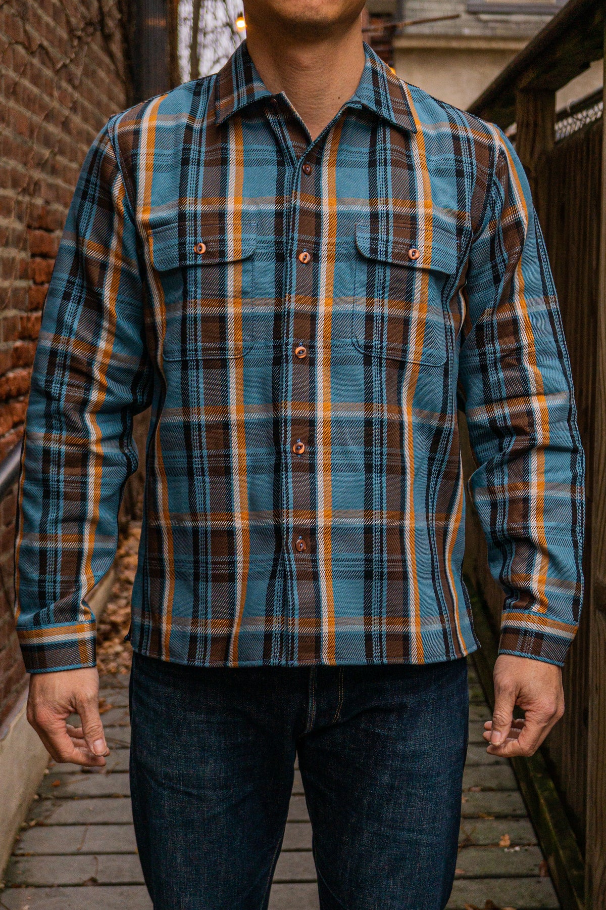 The Flat Head SNW-101L Block Check Western Flannel Shirt - Orange/Charcoal