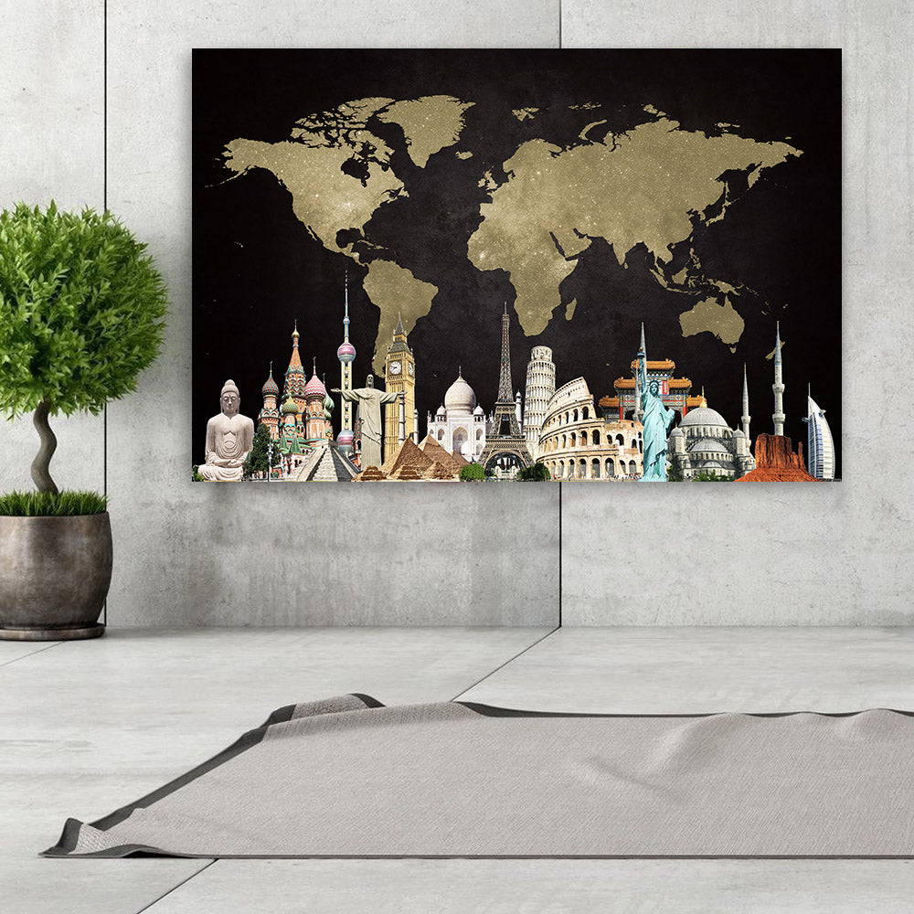 Black Gold World Map Landmarks Fine Wall Art Canvas Framed Zapwalls