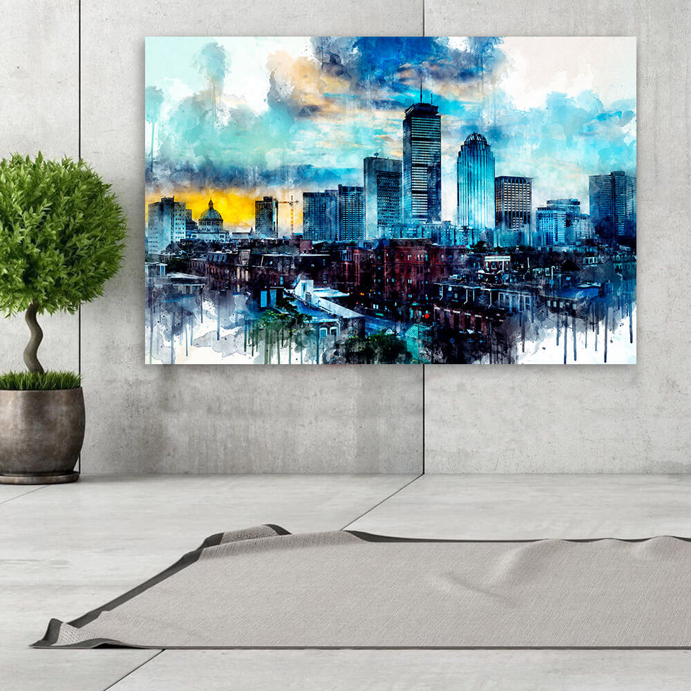 Boston Skyline Amazing Watercolor Canvas Wall Art Zapwalls