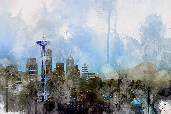 Black Seattle Skyline Watercolor Painting Wall Art Zapwalls