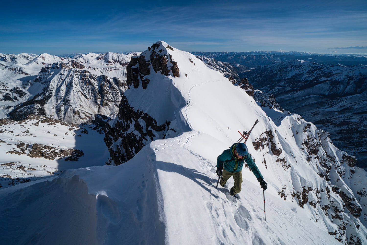 Noah working his way up to the Landry Line, one of the 50 classic ski descents of North America. Photo by Adam Clark.