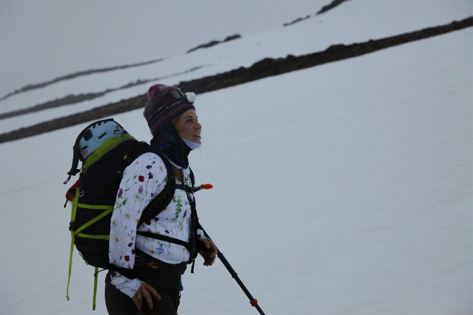 Former Freeride World Tour competitor Hazel Birnbaum makes the slow trudge toward the summit of Shasta.