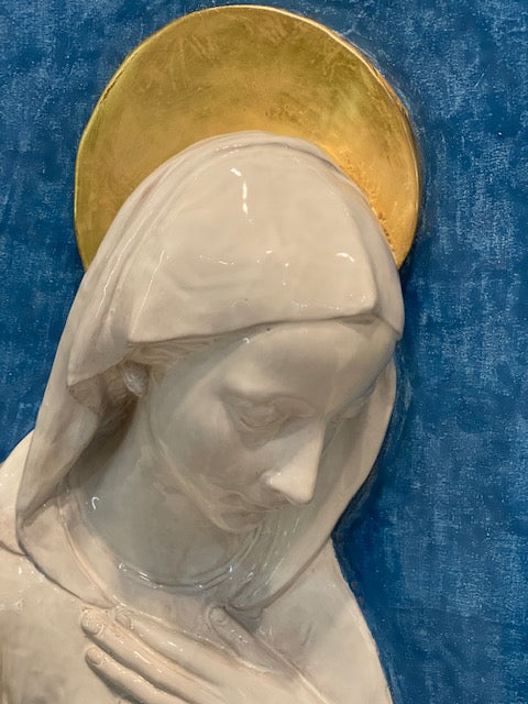 Virgin Mary with Gold Halo, ceramics, pottery, italian design, majolica, handmade, handcrafted, handpainted, home decor, kitchen art, home goods, deruta, majolica, Artisan, treasures, traditional art, modern art, gift ideas, style, SF, shop small business, artists, shop online, landmark store, legacy, one of a kind, limited edition, gift guide, gift shop, retail shop, decorations, shopping, italy, home staging, home decorating, home interiors