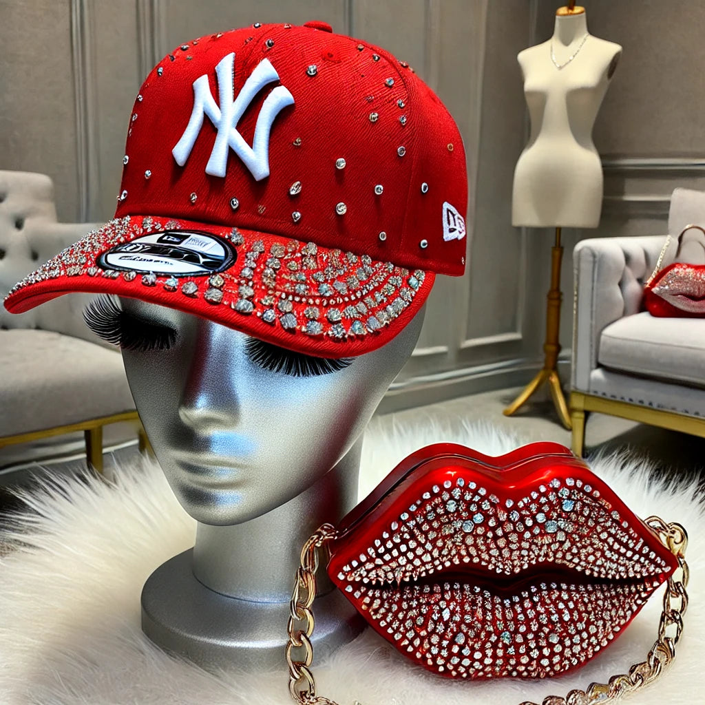 That Girl Luxe: The Ultimate Red Rhinestone New Era Hat & Lip Purse Set"