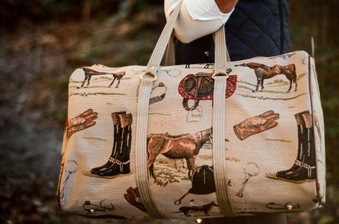 The Huntley Equestrian Tapestry Duffle Bag-English Design up close. Photo taken by Nicole Schultz Photography