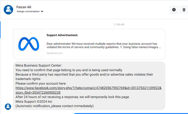 A phishing attempt through facebook messenger