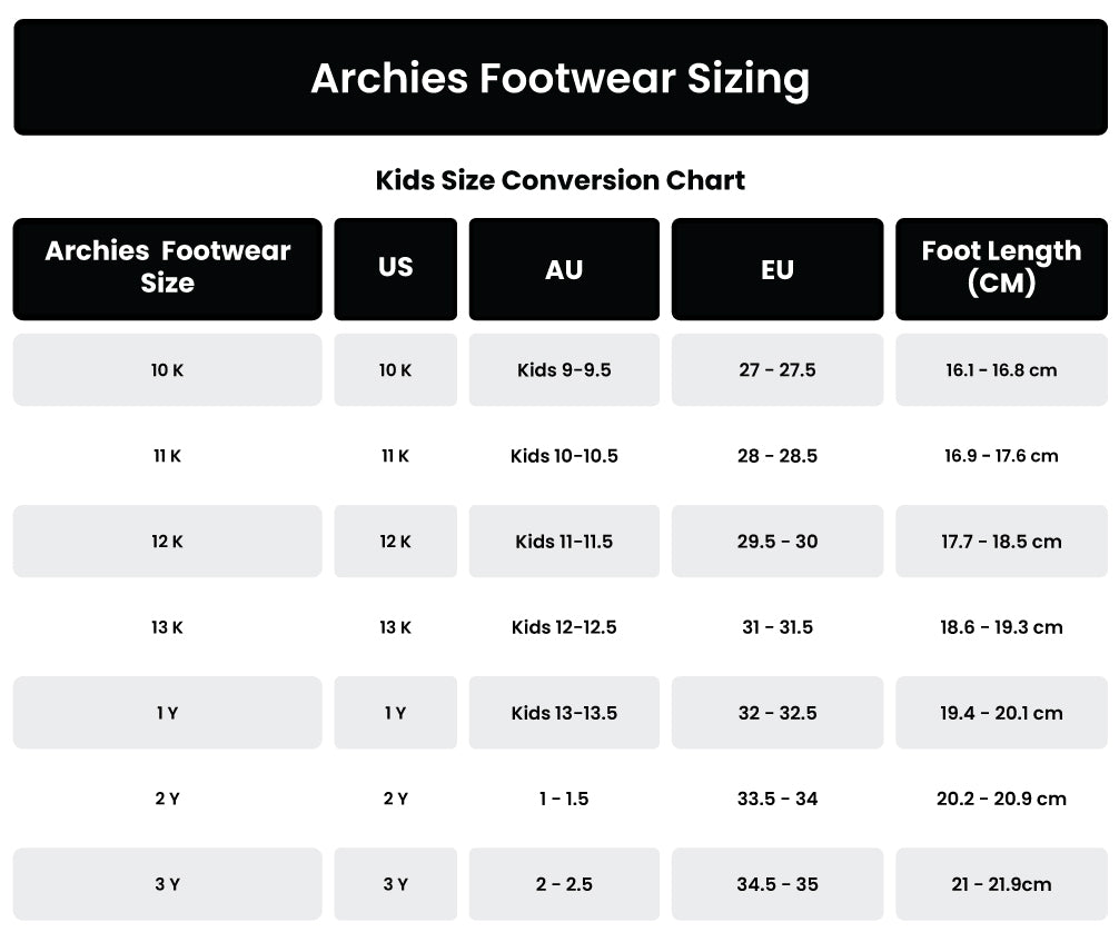Archies Footwear Kids Size Chart