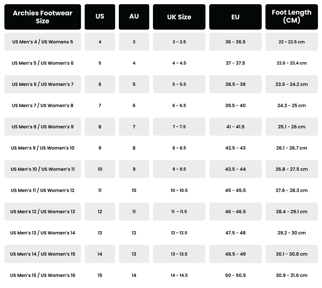 Size Guide – Archies Footwear | AU