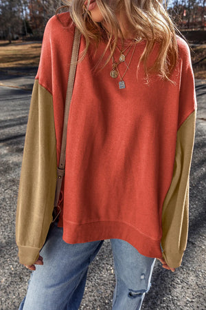 Contrast Round Neck Long Sleeve Sweatshirt - Maple Row Boutique 