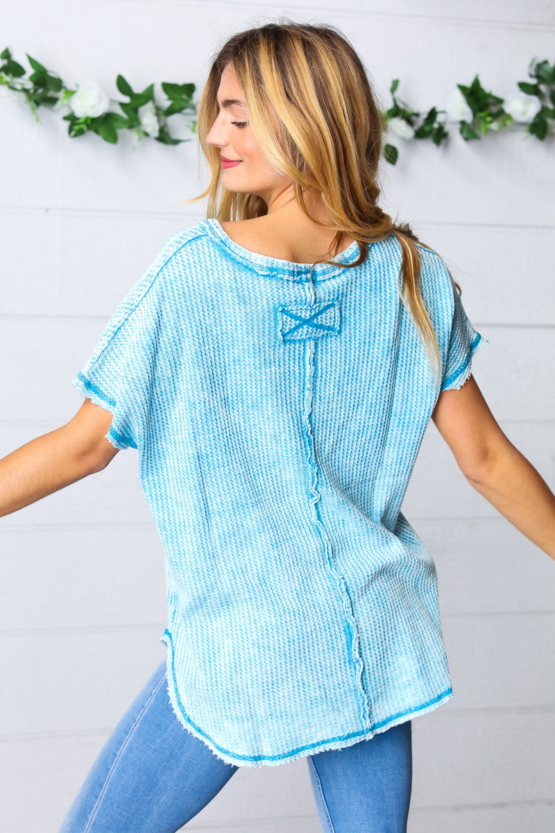 Washed Teal Baby Waffle Short Sleeve Top - Maple Row Boutique 