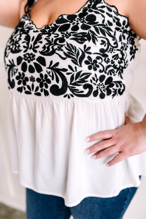 Savanna Jane Embroidered Tie Shoulder Top In Black & White - Maple Row Boutique 