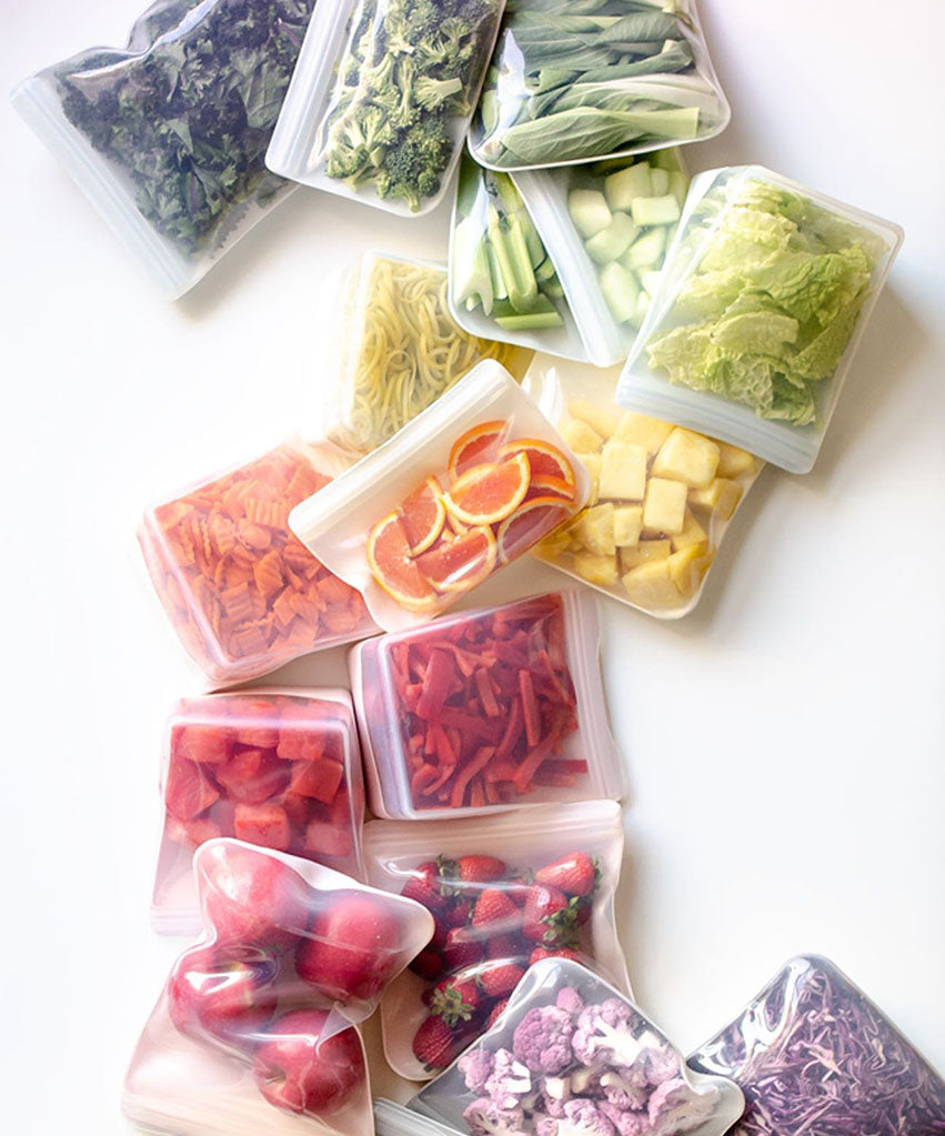 food storage bags with colorful foods