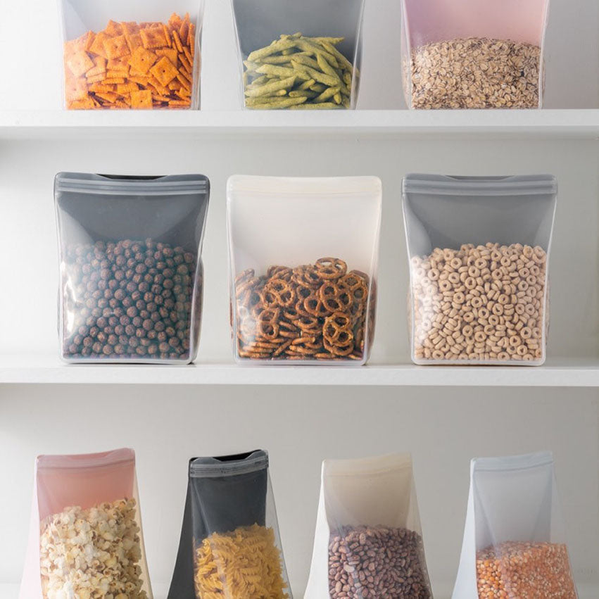 food in silicone bags on shelves