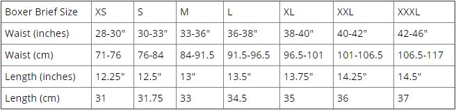 Men's Boxer Size Chart