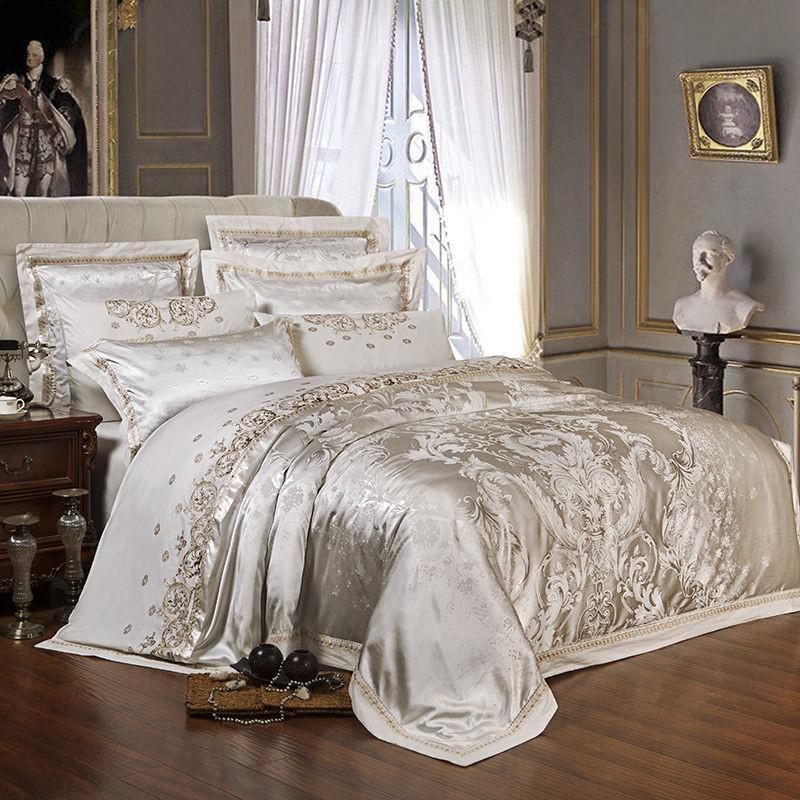 4 6pcs Royal Luxury Golden Bedding Sets Satin Jacquard Bed Sheet Set Duvet Cover