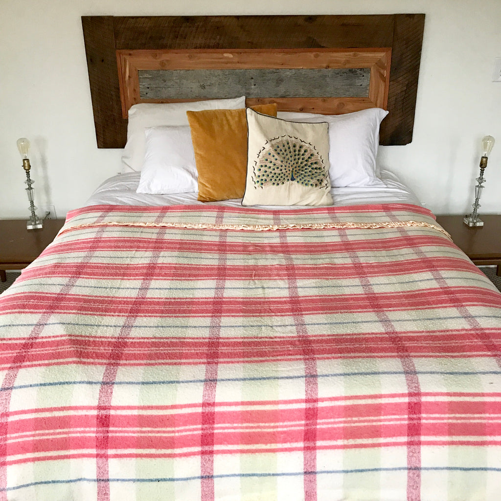 Vintage Pink And White Plaid Wool Camp Blanket 136x60 High Class Hillbilly