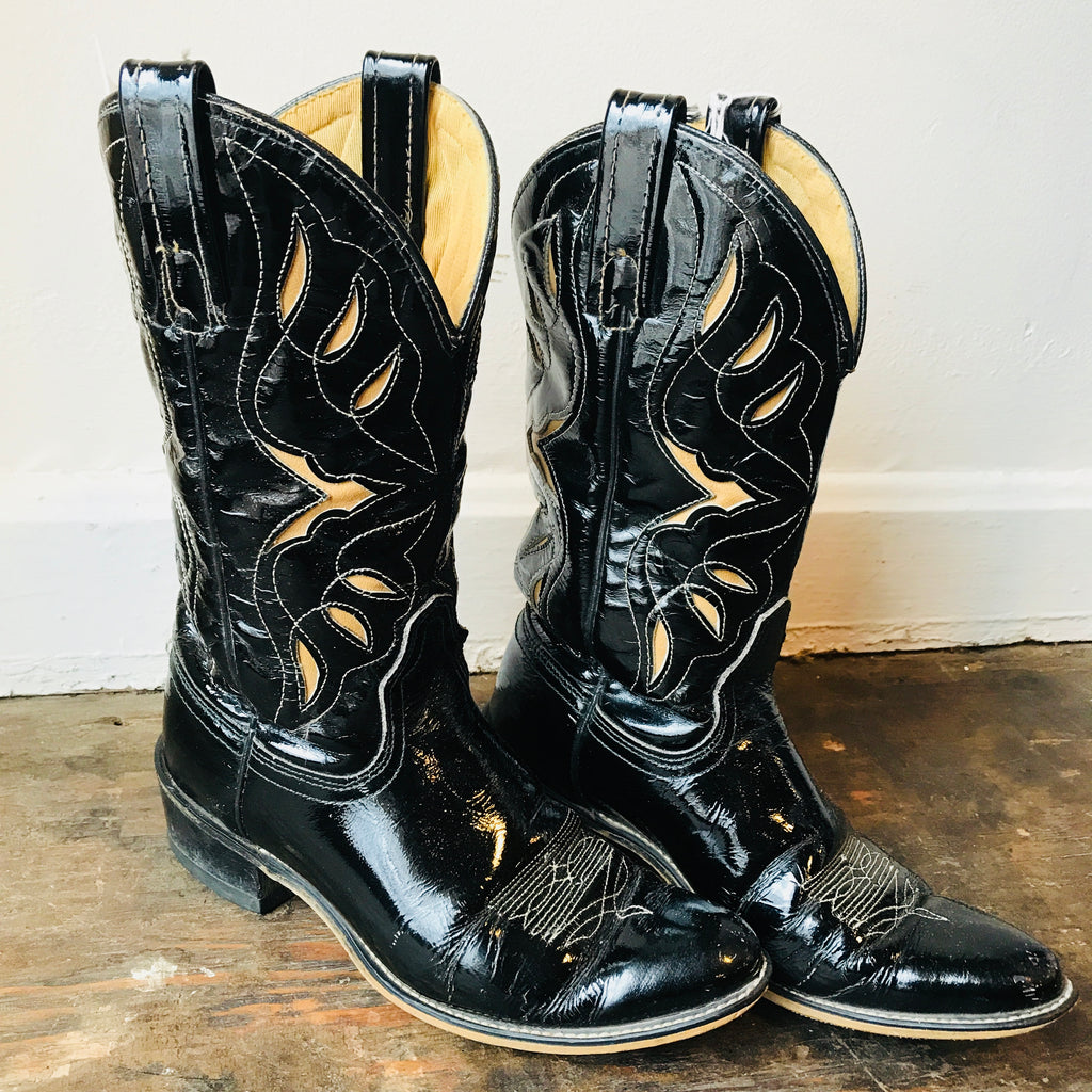 black patent leather cowboy boots