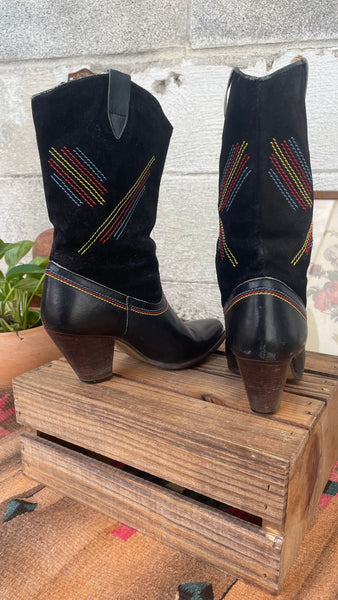 Vintage Black Suede Cowboy Boots w/ Rainbow Stitching / women's 7