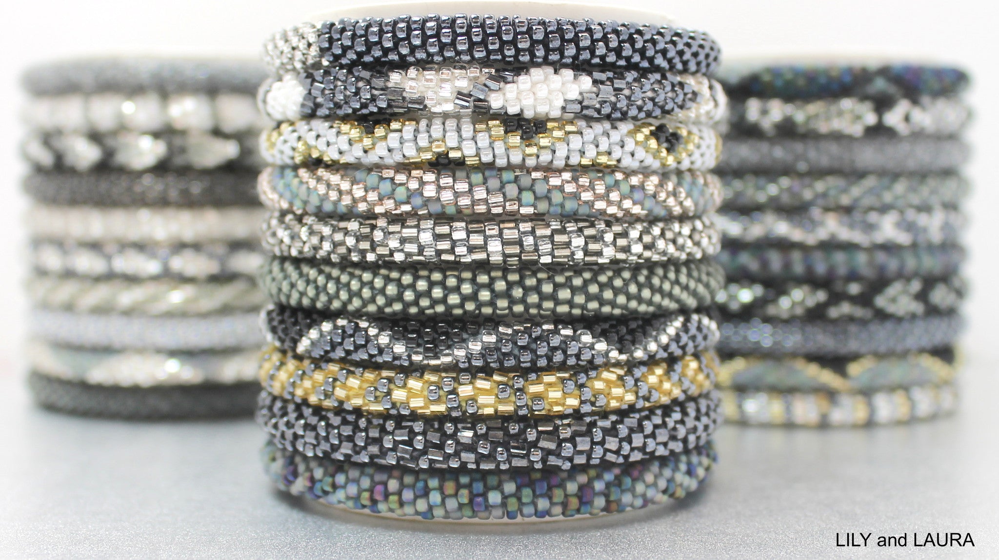 gray roll on bracelet stack