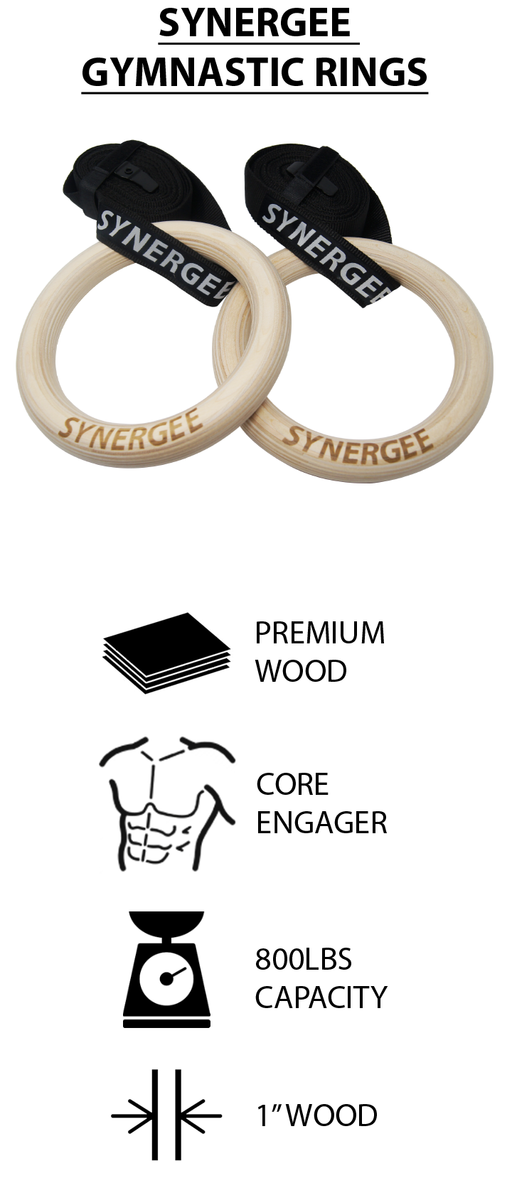 Synergee 9.25 Diameter Wood Olympic Gymnastics Rings with Adjustable Straps for Crossfit Pull Up Dips Muscle Ups